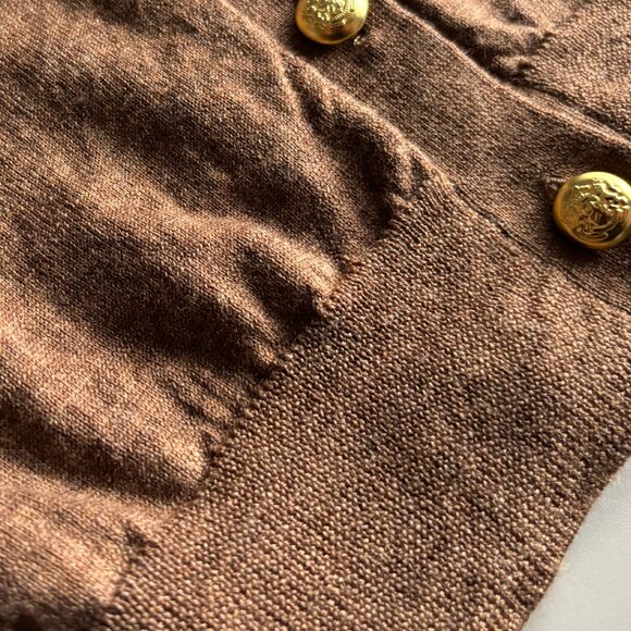 Pink Tartan Merino Wool Caramel Cardigan with Gold Buttons & Tie Neck, sz XS - Picture 10 of 13